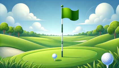 Green Golf Flag on Peaceful Course under Clear Sky - Generative AI