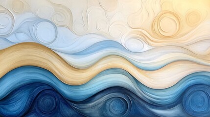 Abstract painting of swirling blue and gold waves, creating a sense of movement and fluidity.