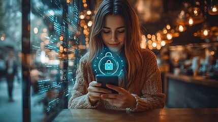 Young woman uses a smartphone with a digital lock icon while sitting in a cafe.