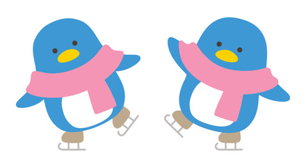 スケートするペンギンのベクターイラスト。冬、マフラー、鳥