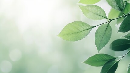 Fototapeta premium Close-up of lush green leaves with a soft, blurred background of sunlight filtering through the foliage.