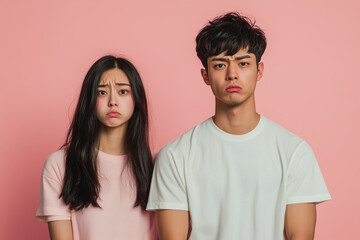Obraz premium A frustrated young couple in casual wear, facing away from each other, visibly angry