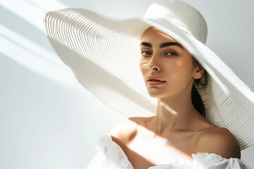 Stunning elegant woman fashion white hat summer sunlight chic beauty luxury sophistication timeless classic glamour radiant portrait upscale resort travel model banner copy space white
