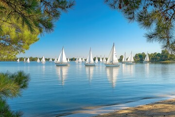 Obraz premium Sailboats on a serene lake surrounded by pine trees