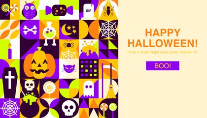 Happy Halloween Geometric Banner. Vector Illustration of Flat Style Background. Trick or Treat. Scary Party Concept. Horror Holiday.