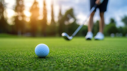 A golfer prepares to strike a white ball on a lush green course during sunset, capturing the essence of the game in a vibrant scene.