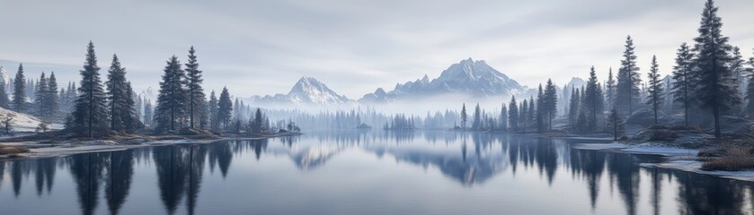 Serene lake with mist-covered mountains and tall evergreen trees reflecting in the water.