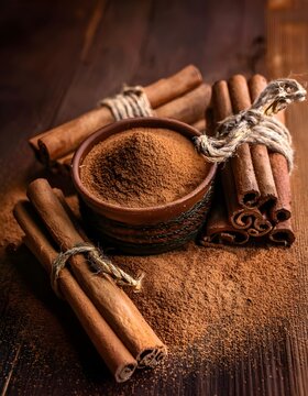 Ground cinnamon, cinnamon sticks, tied with jute rope and cinnamon powder in rustic style.