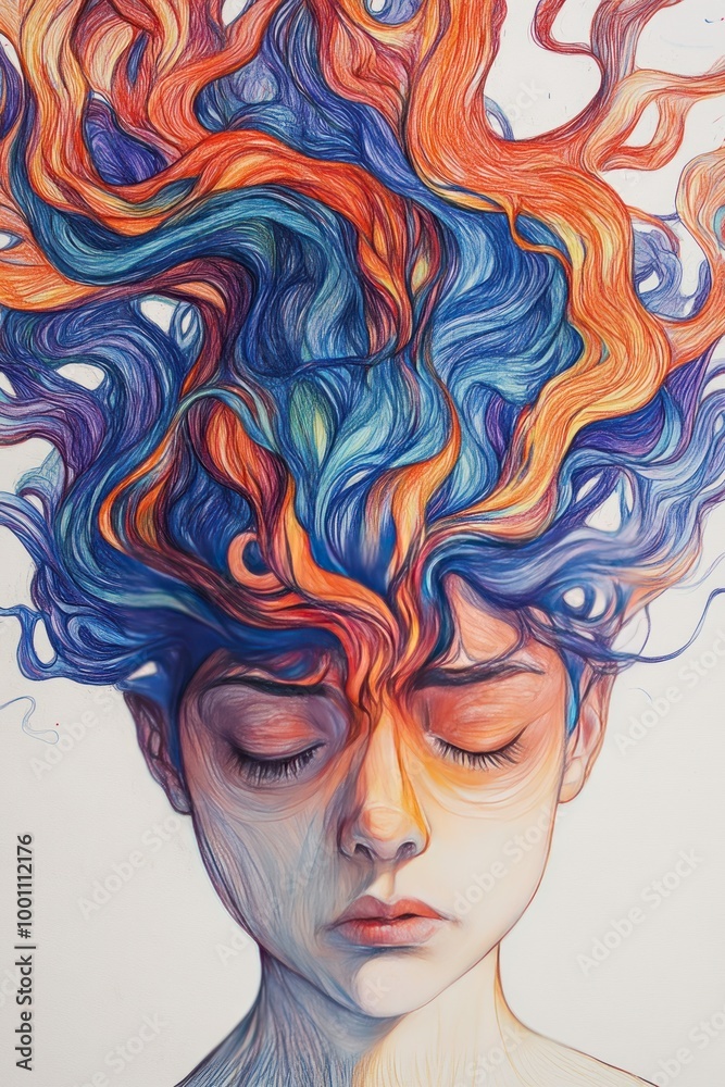 Poster A surreal illustration of a girl with vibrant, flowing hair representing creativity and emotion.