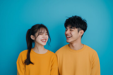 Fototapeta premium A young Asian couple dressed in casual everyday wear, caught in a moment of shared laughter happy lovebird on the solid background 