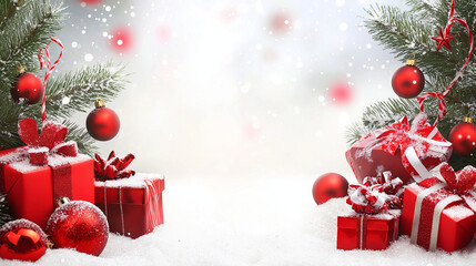 Christmas white snow background with gifts and Christmas balls,Christmas tree