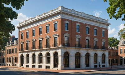 Obraz premium A historic brick building with arched entrances stands on a corner in a city