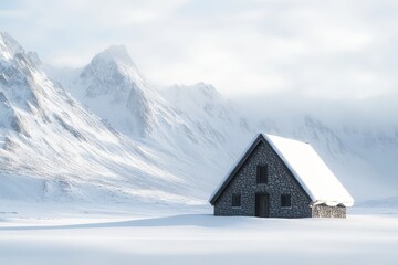 Snowy mountain cabin in winter landscape