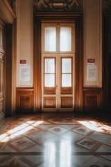 A well-lit interior space featuring elegant doors and wooden details.