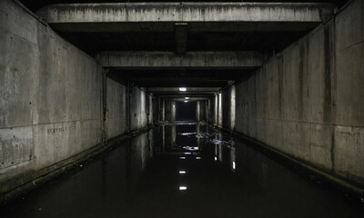 Obraz premium A flooded underpass with dim lights reflecting in the water