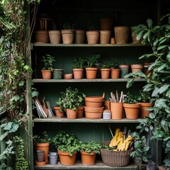 A shelf in a garden shed, filled with pots, gloves, and gardening tools, ready for planting and nurturing a backyard oasis.