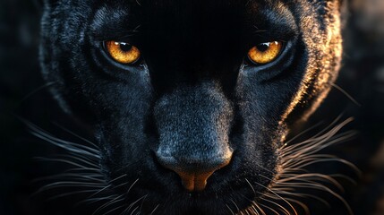 A close up of a black panther's face with yellow eyes