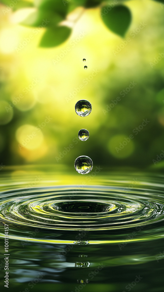 Poster water droplets creating concentric ripples on a water surface with a green background