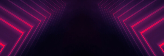 Neon light in tunnels, rays and lines. Perspective of light in motion. Dark abstract neon background, empty stage.