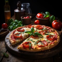 a classic baked cheese pizza loaded with cheese, tomatoes, served on a thick crust baked to perfection