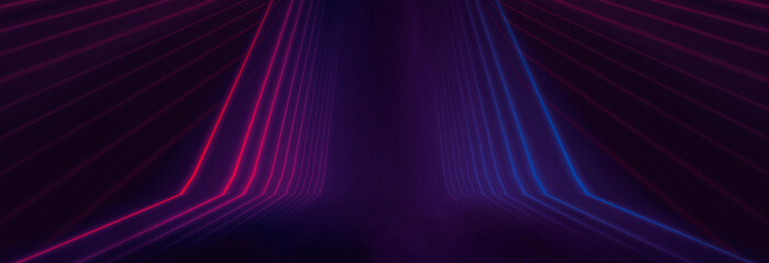 Neon light in tunnels, rays and lines. Perspective of light in motion. Dark abstract neon background, empty stage.