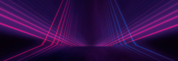 Neon light in tunnels, rays and lines. Perspective of light in motion. Dark abstract neon background, empty stage.