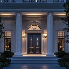 Obraz premium A beautifully crafted double door leading into a grand entryway, flanked by elegant columns and soft lighting, creating a welcoming atmosphere.