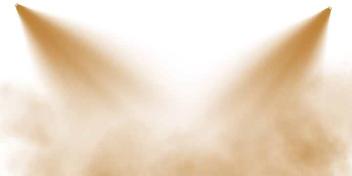 Stage with directional yellow light and light smoke on transparent background, neon light, empty stage and studio room with floating yellow smoke. For product demonstrations. PNG.