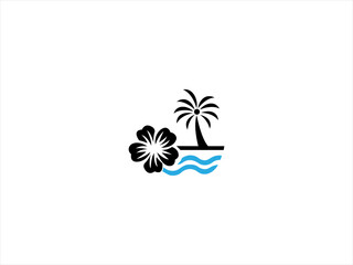  Hawaii beach logo.The logo incorporate elements like palm trees, ocean waves, and a golden sun to represent relaxation and natural beauty. 