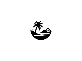  Hawaii beach logo.The logo incorporate elements like palm trees, ocean waves, and a golden sun to represent relaxation and natural beauty. 