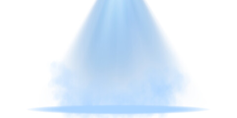 Stage with directional blue light and light smoke on transparent background, neon light, empty stage and studio room with floating blue smoke. For product demonstrations. PNG.