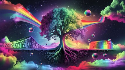 A vibrant, surreal landscape featuring a colorful tree with radiant roots, rainbow bridges, bubbles, and clouds against a cosmic backdrop.