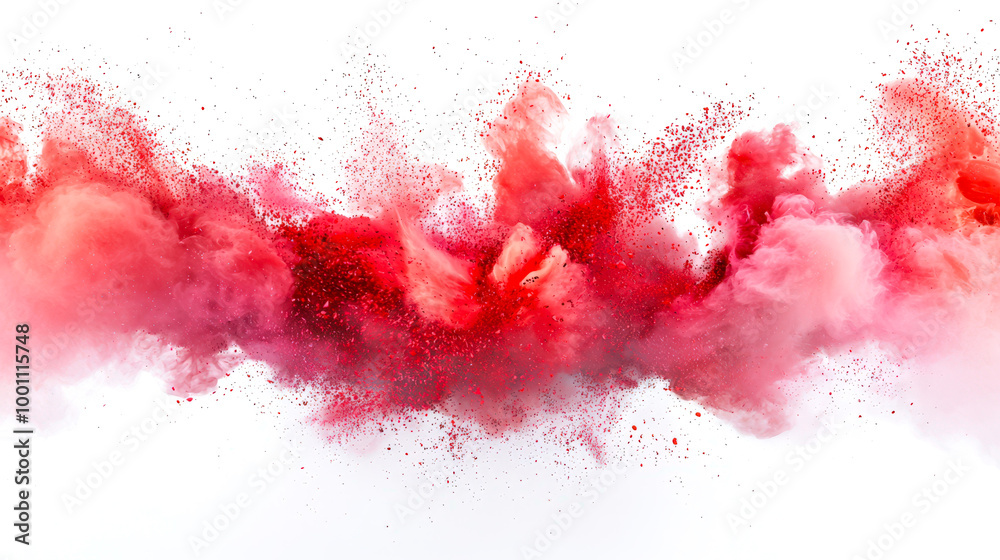 Wall mural a red cloud of smoke with red and pink particles. powdered holi paints explode in the air on a white