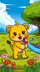 A cute lion with flowers, kids animal coloring book cover template a cute lion holding a flower near a  tree with beautiful nature background 