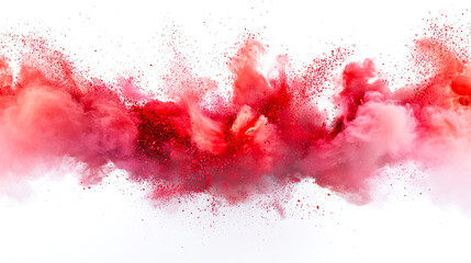 A red cloud of smoke with red and pink particles. Powdered holi paints explode in the air on a white background. The smoke billows and the particles disperse in the air. The concept of chaos
