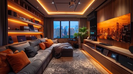 Fototapeta premium A living room with a large flat screen TV and a city skyline on the wall