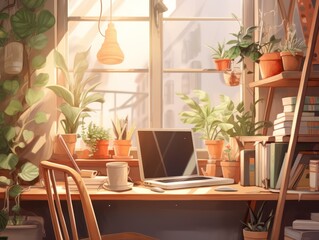 Obraz premium Creative workspace with computer desk, lamp and chair generated AI