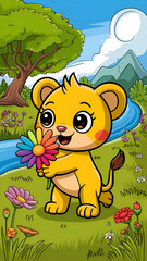 A cute lion with flowers, kids animal coloring book cover template a cute lion holding a flower near a  tree with beautiful nature background 