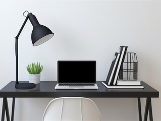Fototapeta premium Workstation with computer desk, lamp and minimalist chair generated AI