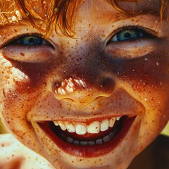 A child with a face full of freckles and bright eyes, laughing while playing outdoors on a sunny day.