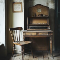 A vintage wooden chair sitting in front of an old writing desk, evoking a nostalgic atmosphere of classic elegance. -