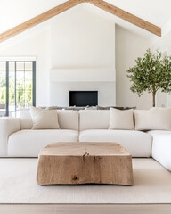 Fototapeta premium Modern living room with a white sectional sofa and a unique wooden coffee table in a bright, airy space with high ceilings