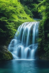 Fototapeta premium Lush green forest waterfall flowing into turquoise pool