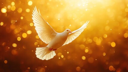 Fototapeta premium Flying dove holy spirit on golden shiny background, holy banner background, love and peace, copy space
