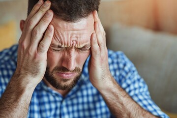 Fototapeta premium Frustrated man with headache, hands on head, stressed expression, blurred background.