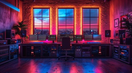 A room with a neon orange wall and three windows
