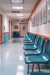 A corridor with teal chairs arranged neatly, suggesting a waiting area in a facility.
