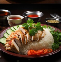 a plate of freshly made chicken rice or also known as malaysian chicken rice, consisting of roasted sliced chicken breast, fragrant rice, garnished with side condiments