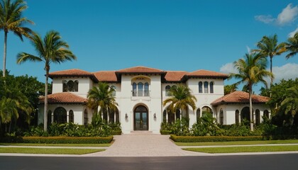 Arafed view of a large mansion with a driveway and palm trees 2
