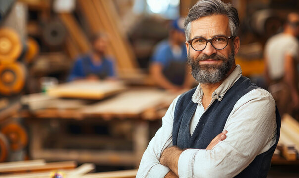 Experienced Craftsman Oversees Woodworking Workshop, Leading Team of Skilled Artisans in Creating Handmade Furniture with Passion and Precision - Powered by Adobe